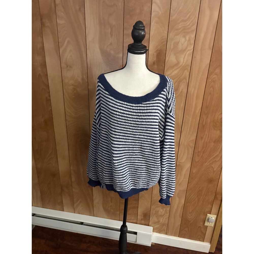 Shein Navy Blue White Striped Knit Sweater Wide Scoop Neck Size M 6
